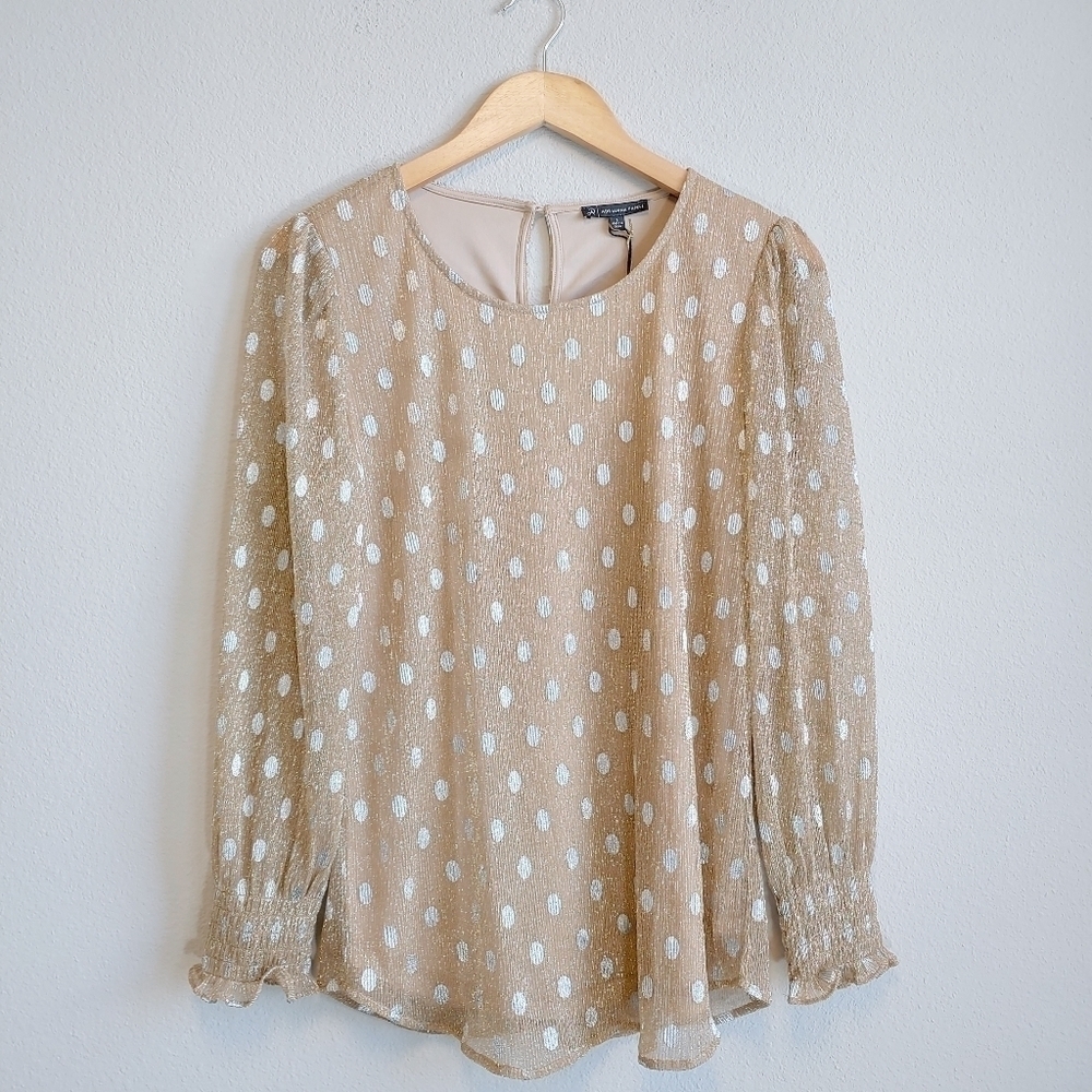 Adrianna Papell Smocked Cuff Shine Dot Blouse Sz S